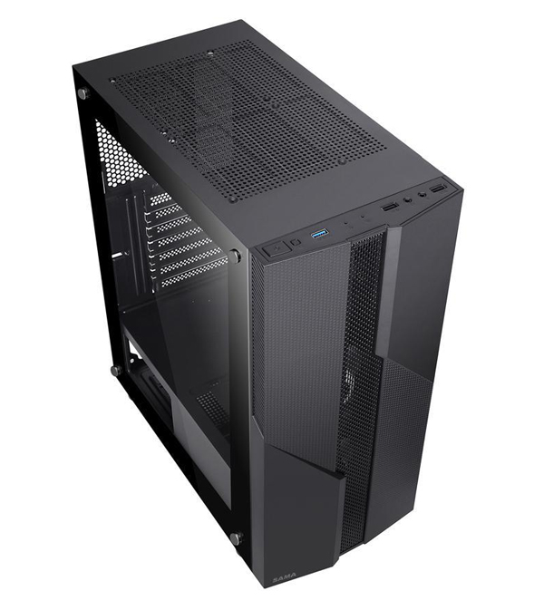 A SAMA M2 ATX Mid Tower Computer Case is in a position to show the left side, top and front panel.